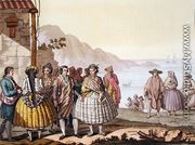 Men and women in elaborate costume, Chile, from 'Le Costume Ancien et Moderne' - G. Bramati