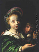 A girl holding a pigeon and a boy gesturing 1652 - Jan De Bray