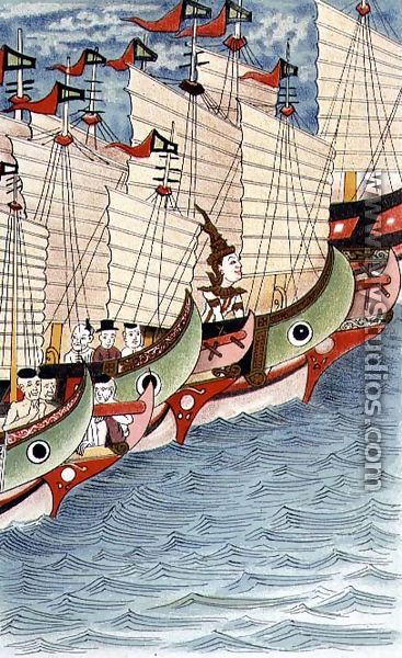 The Fleet Advance at Full Speed Towards Canthop Borey, illustration from the Cambodian Legend of 