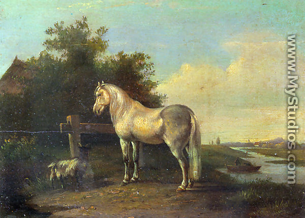 A Grey Horse and a Goat in a River Landscape - Pieter Frederik Van Os