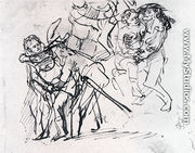 Three Sketches Of The Prodigal Son With A Whore (detail) - Rembrandt Van Rijn