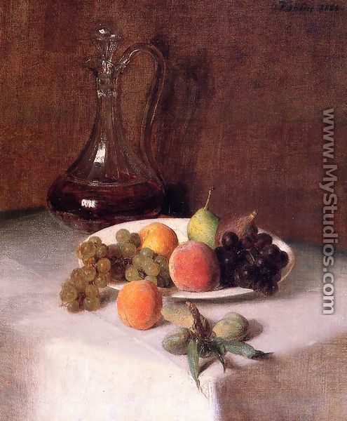A Carafe of Wine and Plate of Fruit on a White Tablecloth - Ignace Henri Jean Fantin-Latour