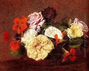Bouquet Of Roses And Nasturtiums - Ignace Henri Jean Fantin-Latour