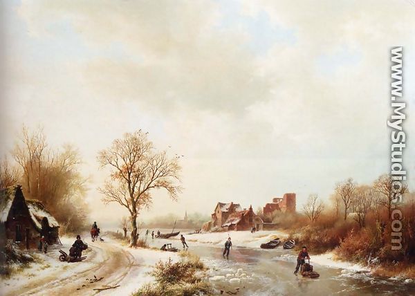Winterlandschap: A Winter Landscape With Skaters On A Frozen Waterway And Peasants By A Farm In The Foreground - Barend Cornelis Koekkoek