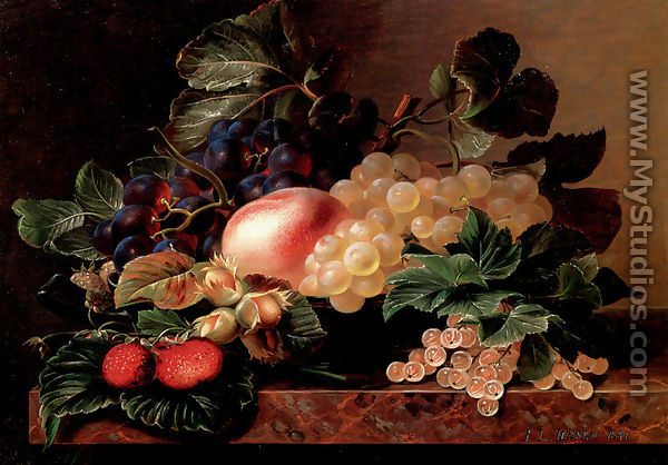 Grapes, Strawberries, a Peach, Hazelnuts and Berries in a Bowl on a marble Ledge - Johan Laurentz Jensen