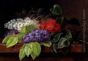 White and purple Lilacs, Camellia and Beech Leaves on a marble Ledge - Johan Laurentz Jensen