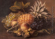 Grapes, a Pineapple, Peaches and Hazelnuts in a Basket - Johan Laurentz Jensen