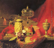A Still Life With Iris And Urns On A Red Tapestry - Blaise Alexandre Desgoffe