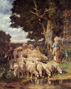 A Shepherdess with her Flock near a Stream - Charles Émile Jacque