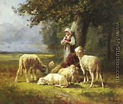 A Shepherdess With Her Flock In A Woodland Clearing - Charles Émile Jacque