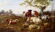 Resting Cattle, Sheep And Deer, A Farm Beyond - Charles Jones