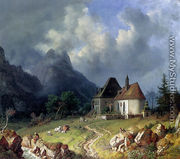 Das Kirchlein von Hinterriss, Im Hintergrund das Wettersteingebirge - Heinrich Bürkel