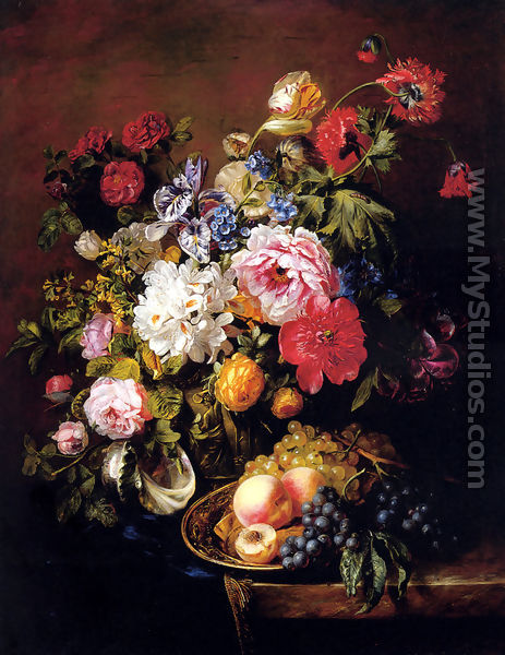 Roses, Peonies, Poppies, Tulips And Syringa In A Terracotta Pot With Peaches And Grapes On A Copper Ewer On A Draped Marble Ledge - Adriana-Johanna Haanen