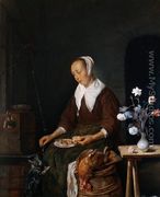 Woman Eating and Feeding her Cat - Gabriel Metsu