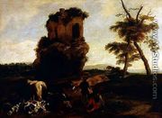 A Landscape with travellers resting near an Inn - Michelangelo Cerquozzi