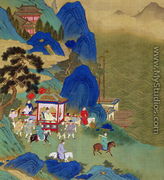 Emperor Ch'in Wang Ti (221-206 BC) travelling in a palanquin, from a history of Chinese emperors - Chinese School