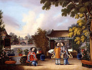 A Hong merchant's garden, Canton, with three Chinese ladies, c.1850 - Chinese School