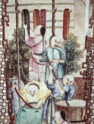 Detail from a vase depicting men dyeing silk - Chinese School, Ming Dynasty