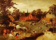 A village with gentlemen arriving on horseback, peasants in a covered wagon and a religious procession - (attr. to) Cleve, Marten van