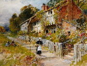 Cottages - a row of cottages with a figure and other children playing - William Stephen Coleman