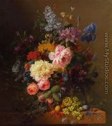 Peonies, Roses, Irises, Lilies, Lilac and Other Flowers in a Vase on a Ledge Laden with Fruit - Arnoldus Bloemers