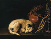 A Sleeping Dog Beside a Terracotta Jug, a Basket, and a Pile of Kindling Wood - Gerrit Dou