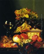 Black Grapes on a Carved Ivory Box, Peaches, Whitecurrants and Hazelnuts with a Hoch Glass on a Marble Ledge - Edward Ladell