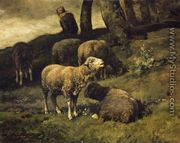 Grazing Sheep with a Sheperdhess Beyond - Charles Émile Jacque