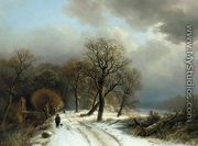 A Figure Walking His Dog on a Path in a Winter Landscape - Barend Cornelis Koekkoek