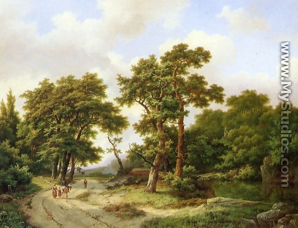 A Wooded Landscape with Travelers and A Horseman Conversing on a Track along a Pond - Marianus Adrianus Koekkoek