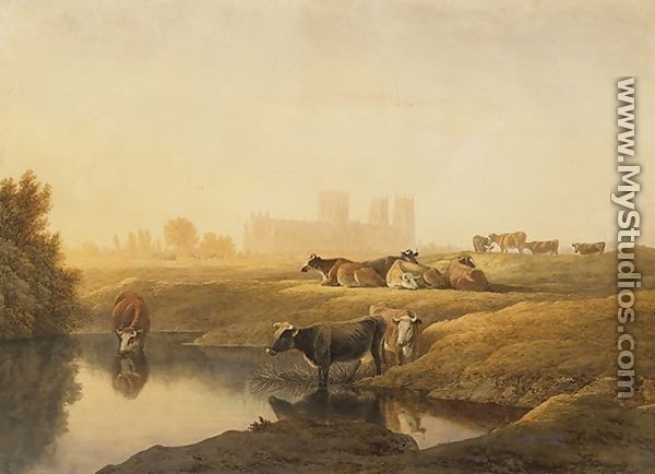 Cattle in Water Meadows with York Minster in the Distance - John Glover
