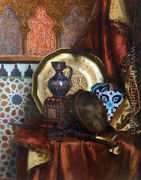 A Tambourine, Knife, Moroccan Tile and Plate on Satin covered Table - Rudolph Ernst