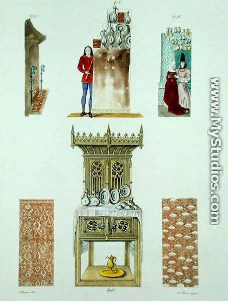 Fifteenth century furniture, from Monuments Francais, lithograph by Amedee Peree, 1839 - Gabrielle Willemin