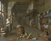 Kitchen interior with two maids preparing food - Gillis de Winter