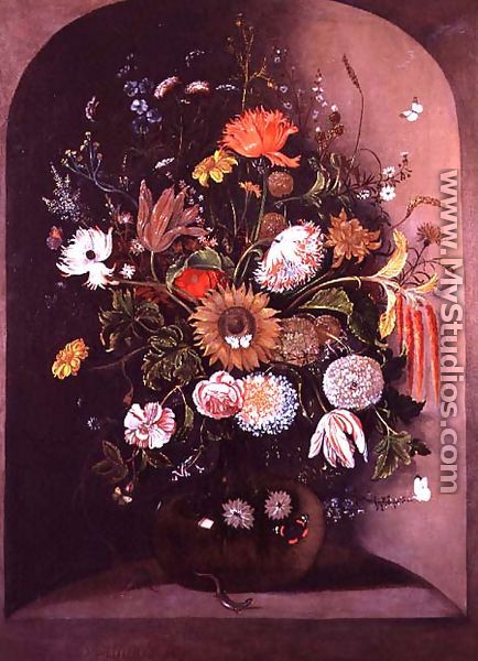 Mixed Flowers in a Glass Bowl in a Niche with a Lizard and a Mouse - Mathias Withoos