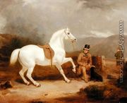 Mr. Johnstone King's Grey Shooting Pony Waiting with a Groom on a Scottish Moor, 1835 - Thomas Woodward