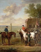 Racehorses with jockeys up by the rubbing down house on Newmarket Heath - John Wootton