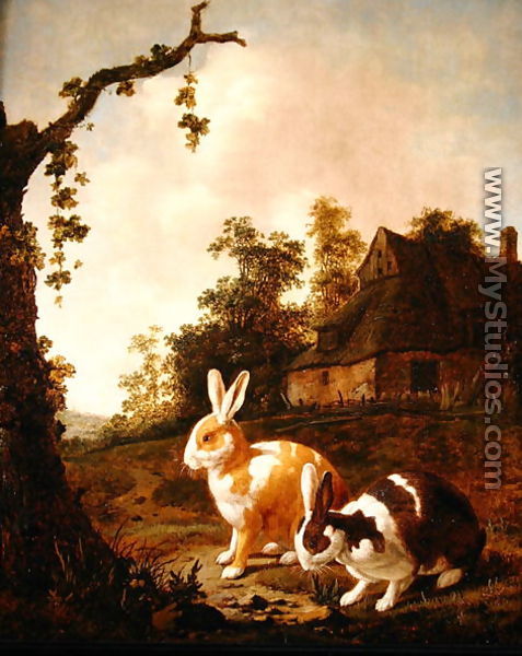 Wooded landscape with two hares - Dirck Wyntrack