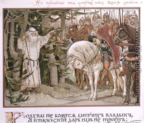 Prince Oleg (d.c.912) meets the soothsayer who prophesizes that his horse will be the cause of his death, illustration from The Song of Oleg the Wise. 1899 - V. Vaznetzov
