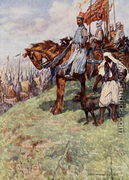 The Lionheart seated on horseback, by his side stood the Nubian slave, holding a hound in leash, illustration from The Talisman A Tale of the Crusaders by Sir Walter Scott - Vedder Simon Harmon