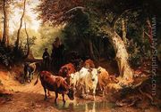 Cattle watering in a wooded landscape - Friedrich Johann Voltz