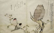 An Owl and two Eastern Bullfinches, from an album Birds compared in Humorous Songs, Contest of Poetry of the 100 and 1000 birds, 1791 - Kitagawa Utamaro