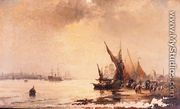 Fisherfolk on the Shore in a Calm Estuary Scene at Daybreak - Hubert Thornley