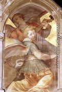 Musical angels within a trompe l'oeil cloister, detail of a angel with a portative organ, from the interior west facade - Santi Di Tito