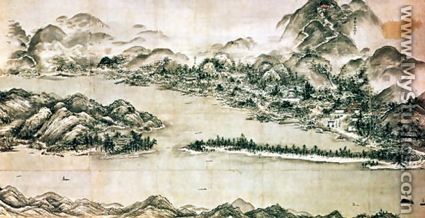 Landscape of mountains and a river in cursive style - Sesshu Toya