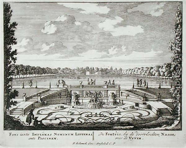 Fountain and water jets in a Dutch formal garden, from Admirandorum Quadruplex Spectaculum, by Jan van Call 1656-1703, published before 1715 - Pieter Schenk