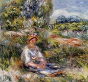 Young Girl Seated In A Meadow - Pierre Auguste Renoir