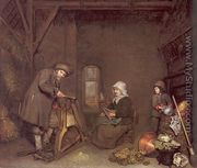 Chaff Cutter with a Woman Spinning and a Young Boy 1662-64 - Caspar Netscher